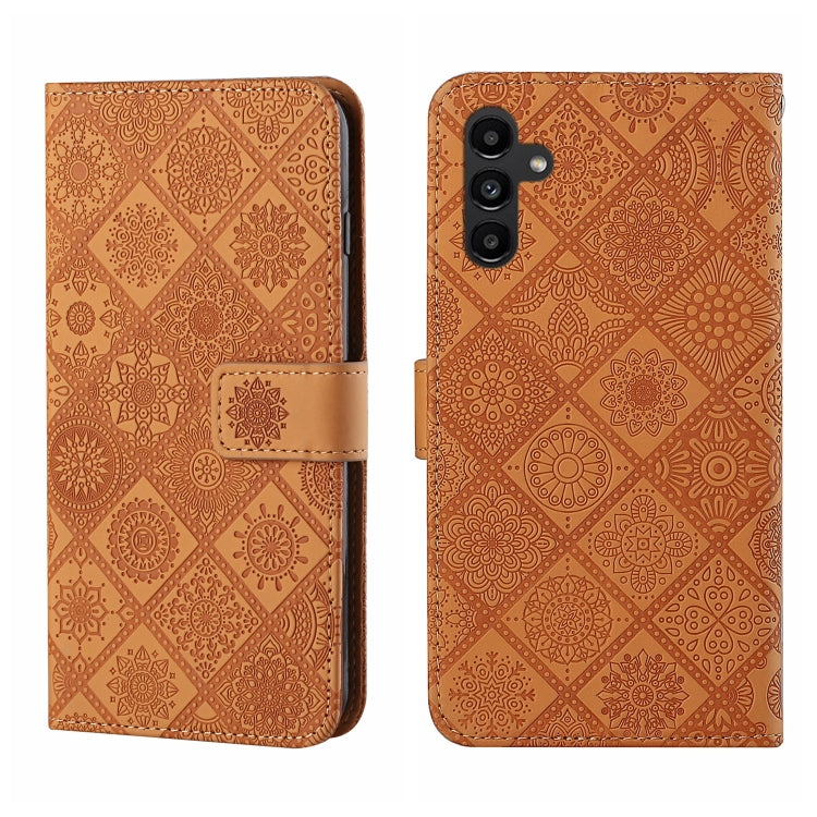 Brown embossed leather-style phone case with flip cover and magnetic clasp