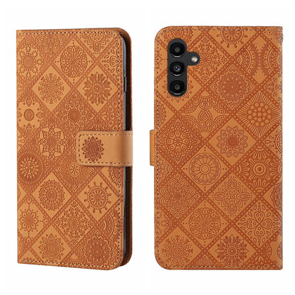 Brown embossed leather-style phone case with flip cover and magnetic clasp