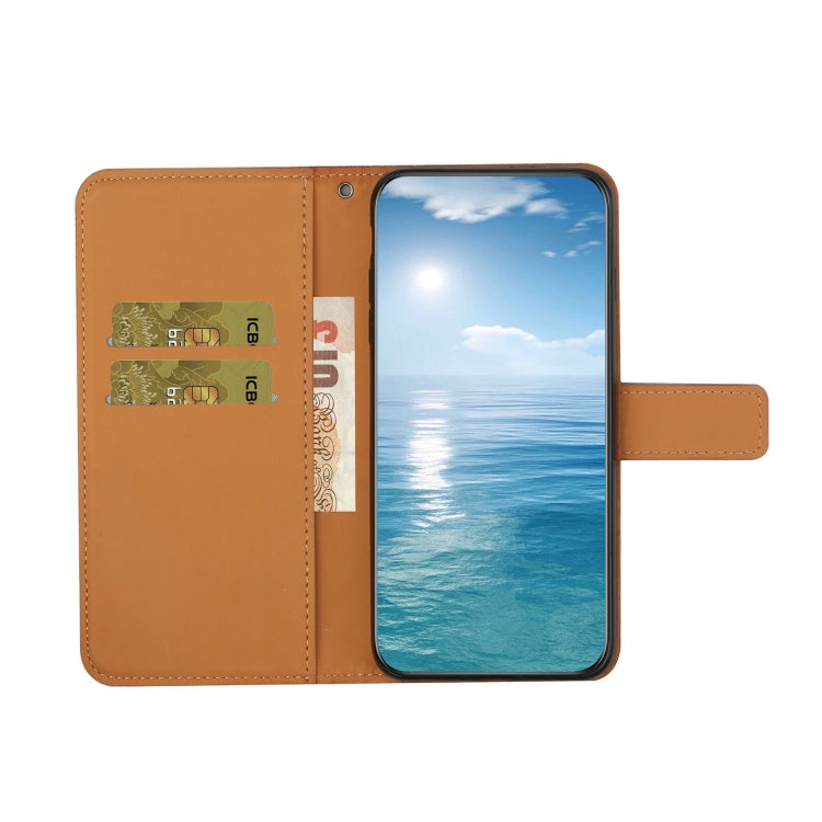 Tan flip phone case with embossed pattern, open card slot window, and cover