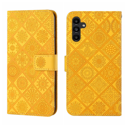 Yellow embossed leather-style phone case with flip cover and magnetic clasp