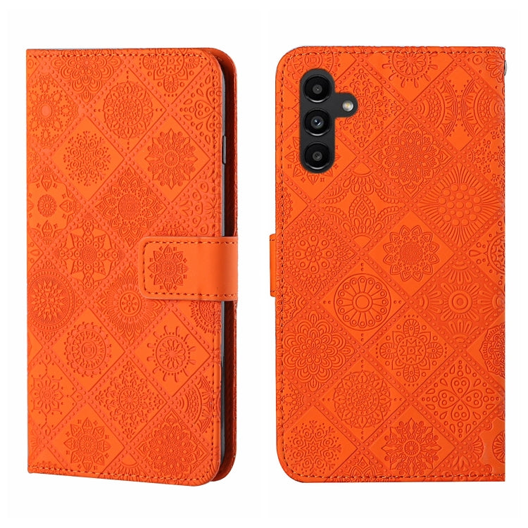 Orange embossed leather-style phone case with flip cover and magnetic clasp