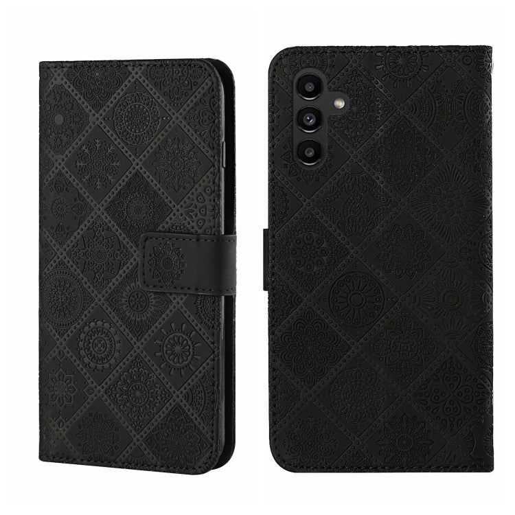 Black embossed leather-style phone case with flip cover and magnetic clasp