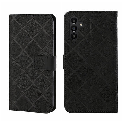 Black embossed leather-style phone case with flip cover and magnetic clasp
