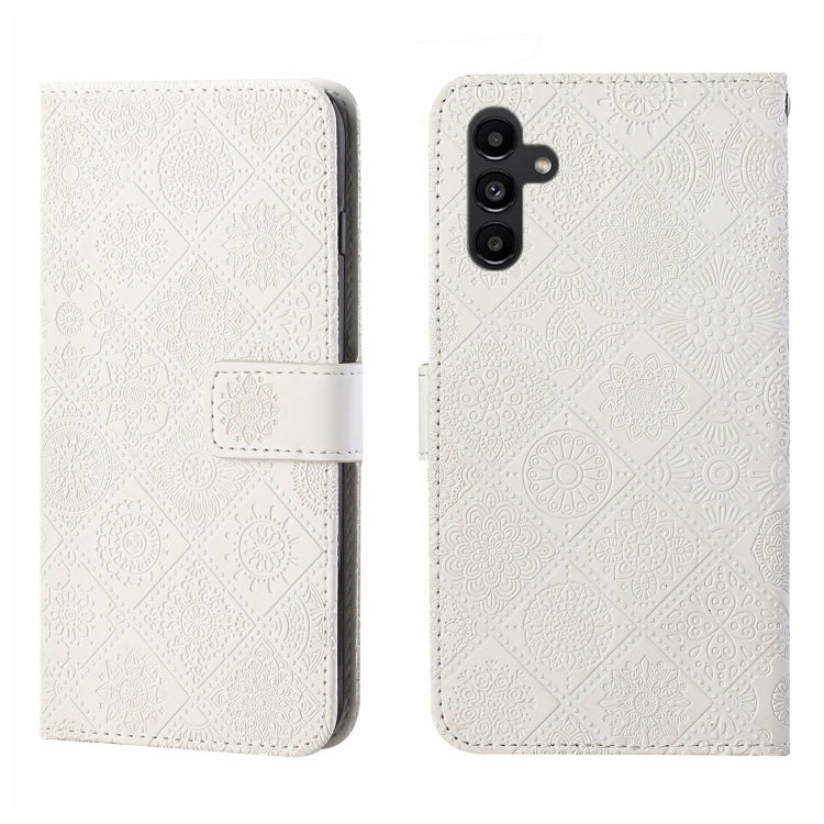 White embossed pattern leather phone case, folio with side strap and cutout for camera