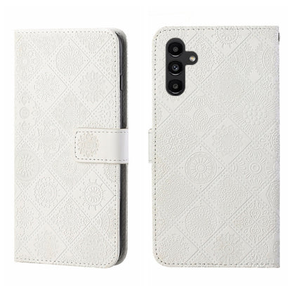 White embossed pattern leather phone case, folio with side strap and cutout for camera