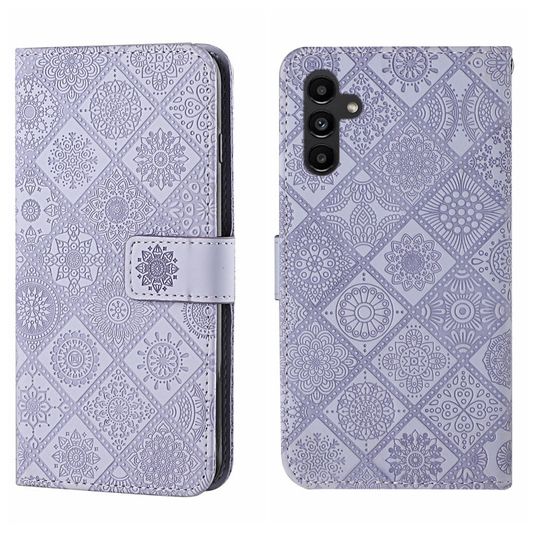 Lavender embossed pattern leather phone case, folio with side strap and camera cutout