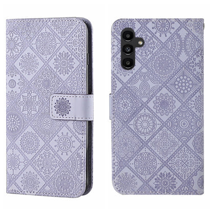 Lavender embossed pattern leather phone case, folio with side strap and camera cutout