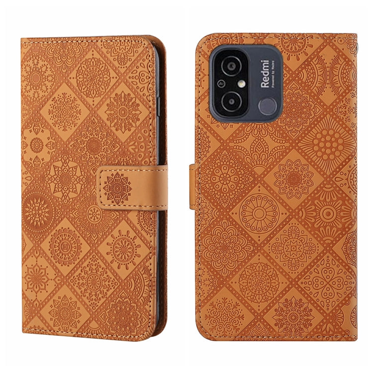 Brown embossed pattern leather phone case with folio strap; camera cutouts on back