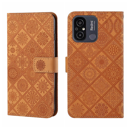 Brown embossed pattern leather phone case with folio strap; camera cutouts on back