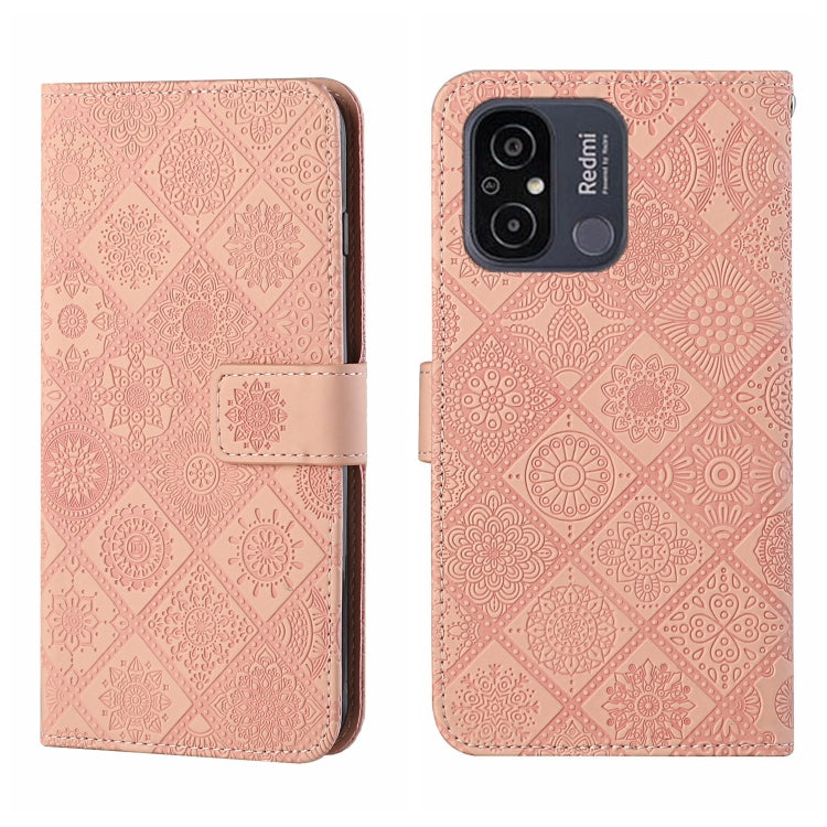 Pink embossed pattern leather phone case with folio strap and camera cutouts