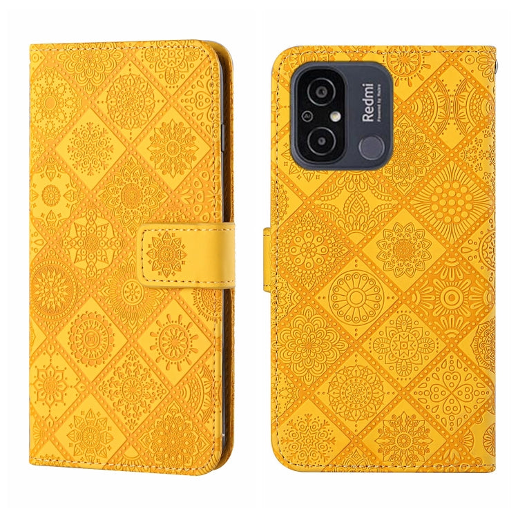 Yellow embossed pattern leather phone case with folio strap and camera cutouts