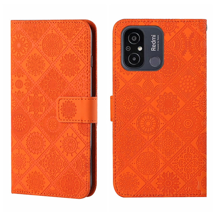 Orange embossed pattern leather phone case with folio strap and camera cutouts