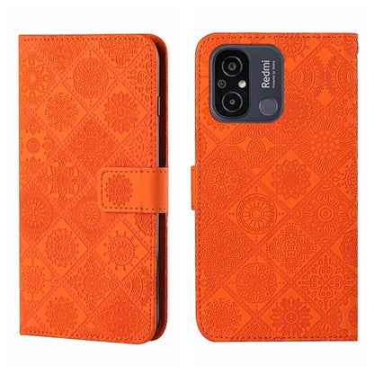 Orange embossed pattern leather phone case with folio strap and camera cutouts