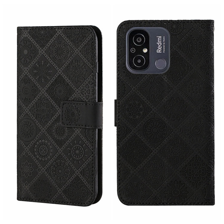 Black embossed pattern leather phone case with folio strap and camera cutouts