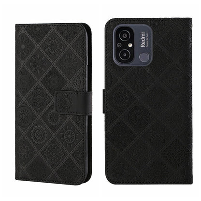 Black embossed pattern leather phone case with folio strap and camera cutouts