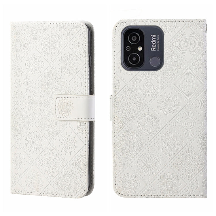 White embossed pattern leather phone case with camera cutout on back; folio strap