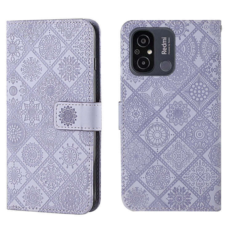 Lavender embossed pattern leather phone case with camera cutout on back and side strap