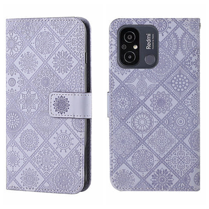 Lavender embossed pattern leather phone case with camera cutout on back and side strap