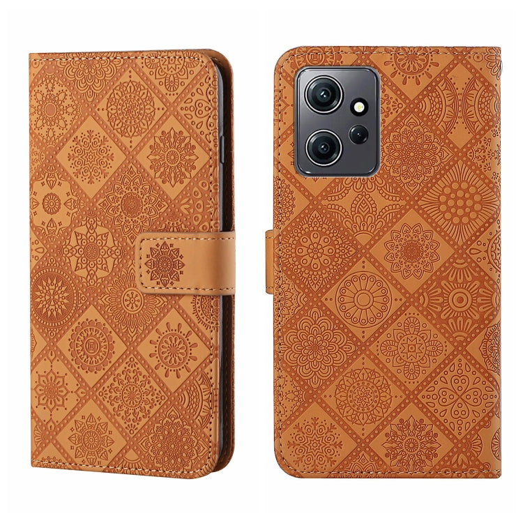 Brown embossed pattern leather phone case with folio strap; camera cutouts on back