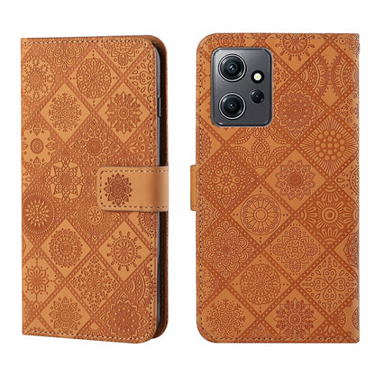 Brown embossed pattern leather phone case with folio strap; camera cutouts on back
