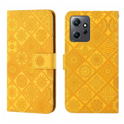 Yellow embossed pattern leather wallet-style phone case with magnetic strap and camera cutout