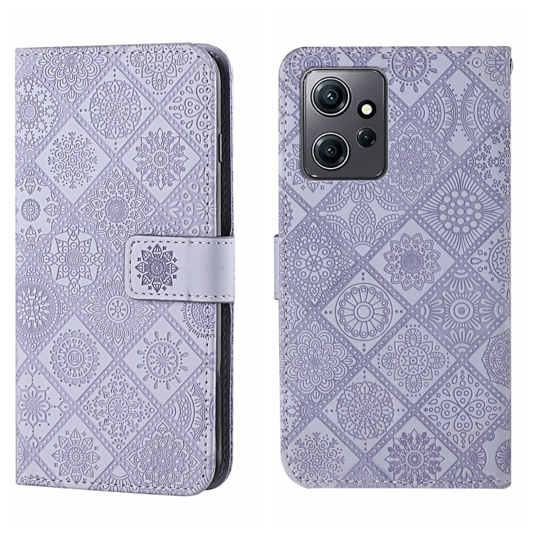 Purple embossed pattern leather wallet-style phone case with magnetic strap and camera cutout