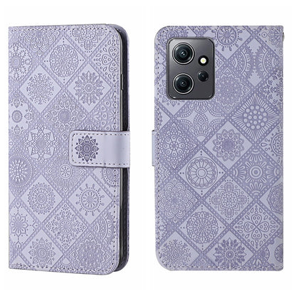 Purple embossed pattern leather wallet-style phone case with magnetic strap and camera cutout