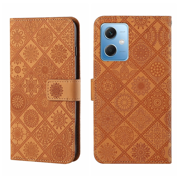 Brownish tan embossed pattern leather wallet-style phone case with magnetic strap and camera cutout