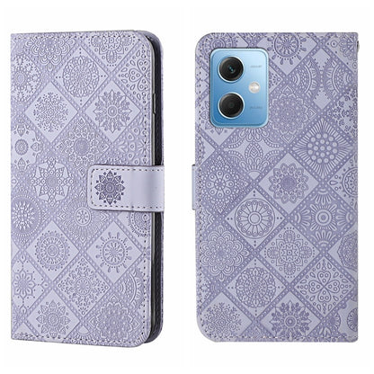 Purple embossed leather-style phone case with side flip and card holder
