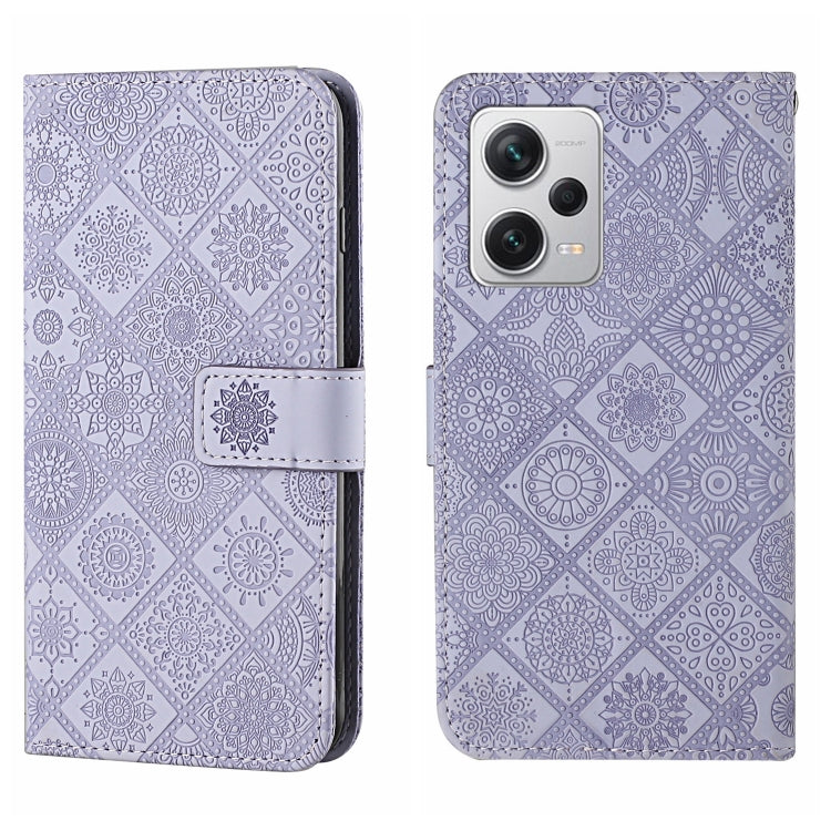 Purple embossed leather-style phone case with flip cover and camera cutout
