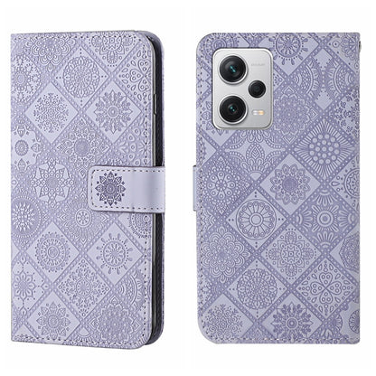 Purple embossed leather-style phone case with flip cover and camera cutout