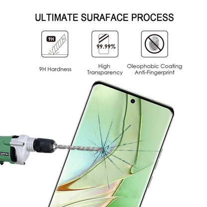 Tempered glass screen protector with anti-fingerprint coating shown over a cracked screen.
