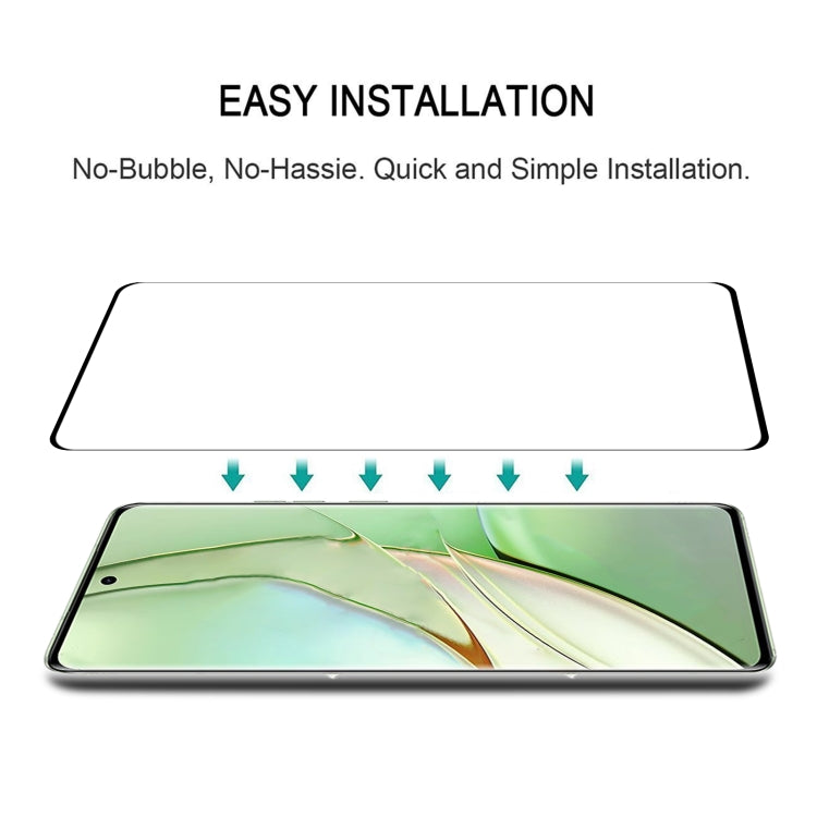 Curved edge tempered glass screen protector positioned for easy bubble-free installation.