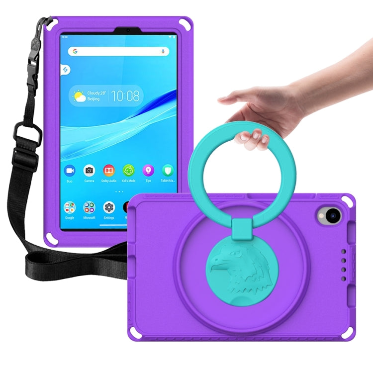 Purple tablet case with rotatable ring handle and shoulder strap for shock protection