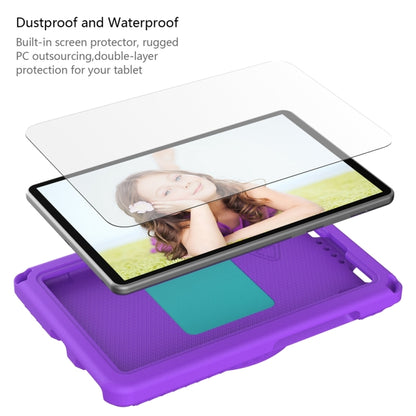 Purple rugged tablet case with transparent screen cover and teal inner shock pad