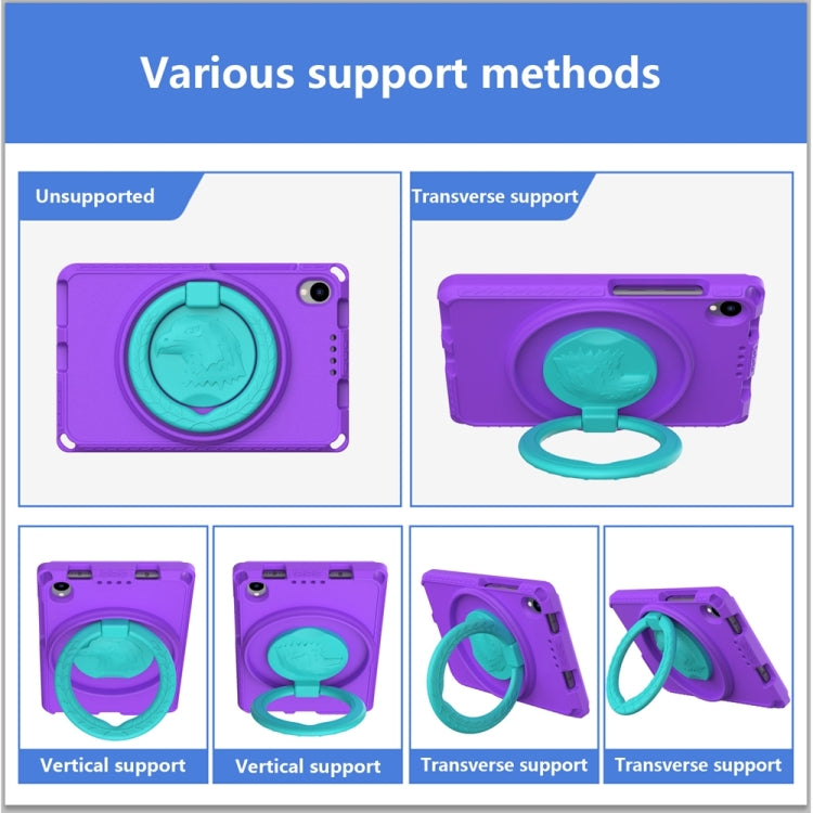 Purple tablet case showing vertical and transverse stand positions with ring handle