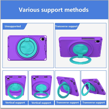 Purple tablet case showing vertical and transverse stand positions with ring handle