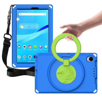 Blue tablet case with green rotatable ring handle and shoulder strap for shock protection