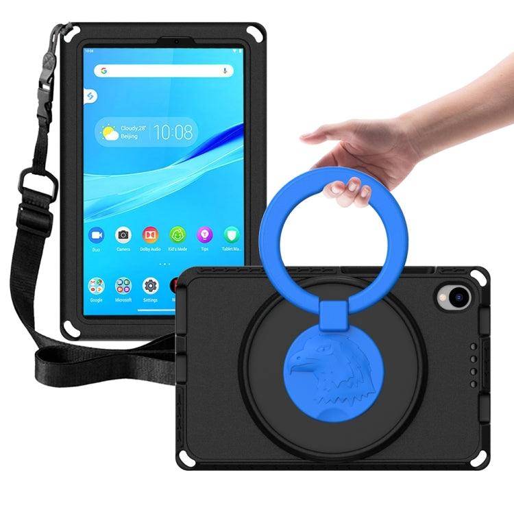 Black tablet case with blue rotatable ring handle and shoulder strap for shock protection