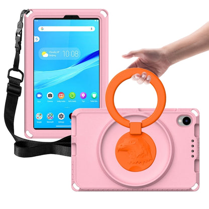 Pink tablet case with orange rotatable ring handle and shoulder strap for shock protection
