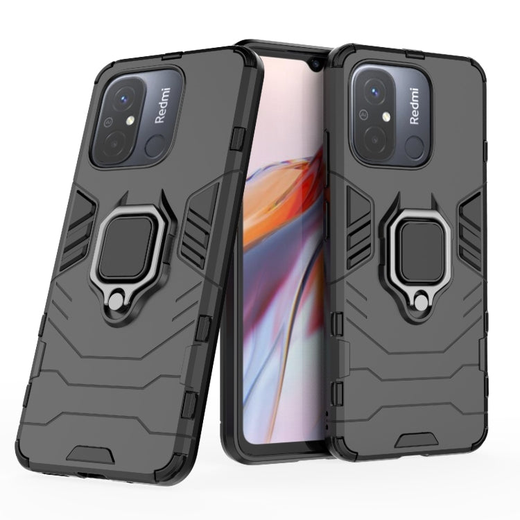 Magnetic phone case with ring holder, black rugged case shown back and front