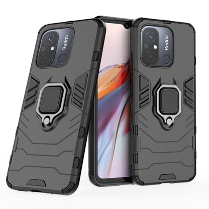 Magnetic phone case with ring holder, black rugged case shown back and front