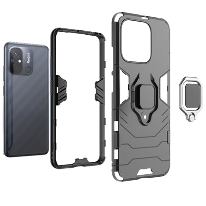 Magnetic phone case with ring holder, black rugged shell with button and port cutouts