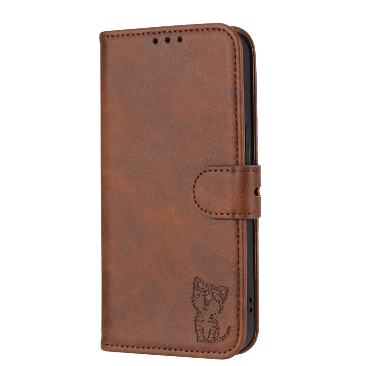 Brown flip leather phone case with stitched edges, embossed cat on front flap and buckle.