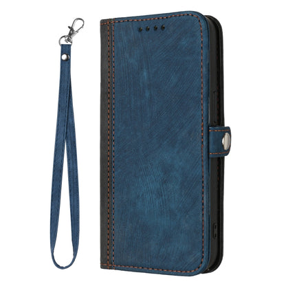 Blue leather wallet flip phone case with side strap and card slots, double-fold design