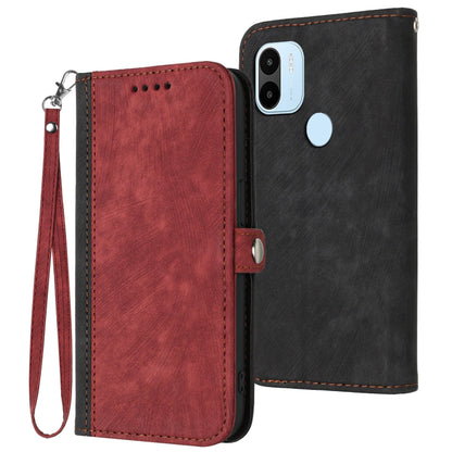 Leather phone case with wrist strap, double-fold design; red front and black back, card cutout.