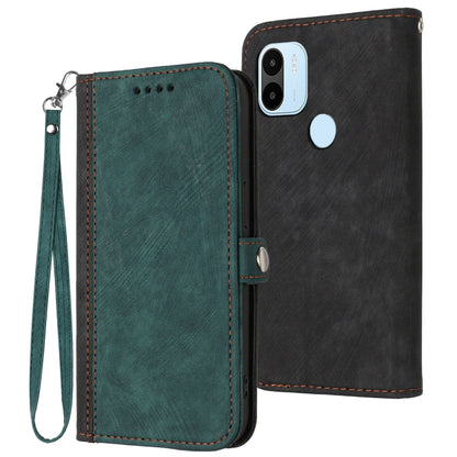 Leather phone case with wrist strap, double-fold design; dark green front and black back, camera cutout.