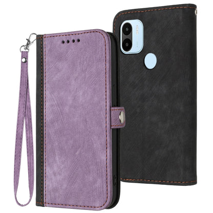 Purple leather folio phone case with side buckle and wrist strap, double-fold cover.