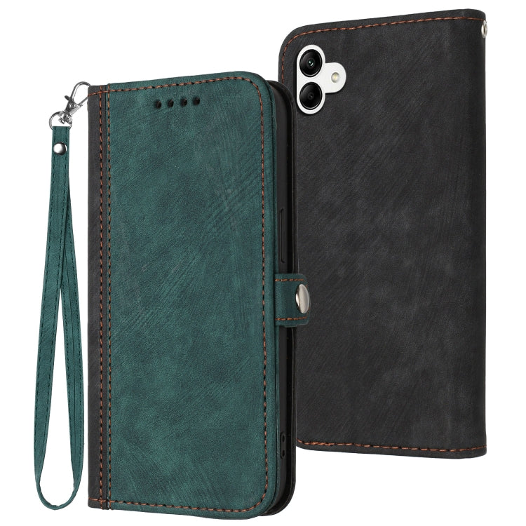 Leather phone case with wrist strap, double-fold design; dark green front and black back, side closure.