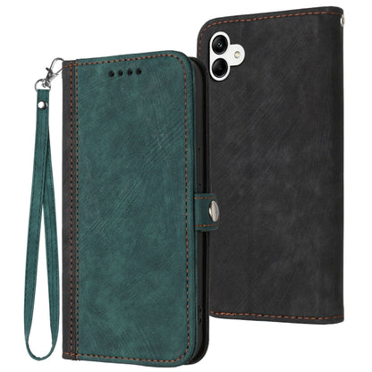 Leather phone case with wrist strap, double-fold design; dark green front and black back, side closure.